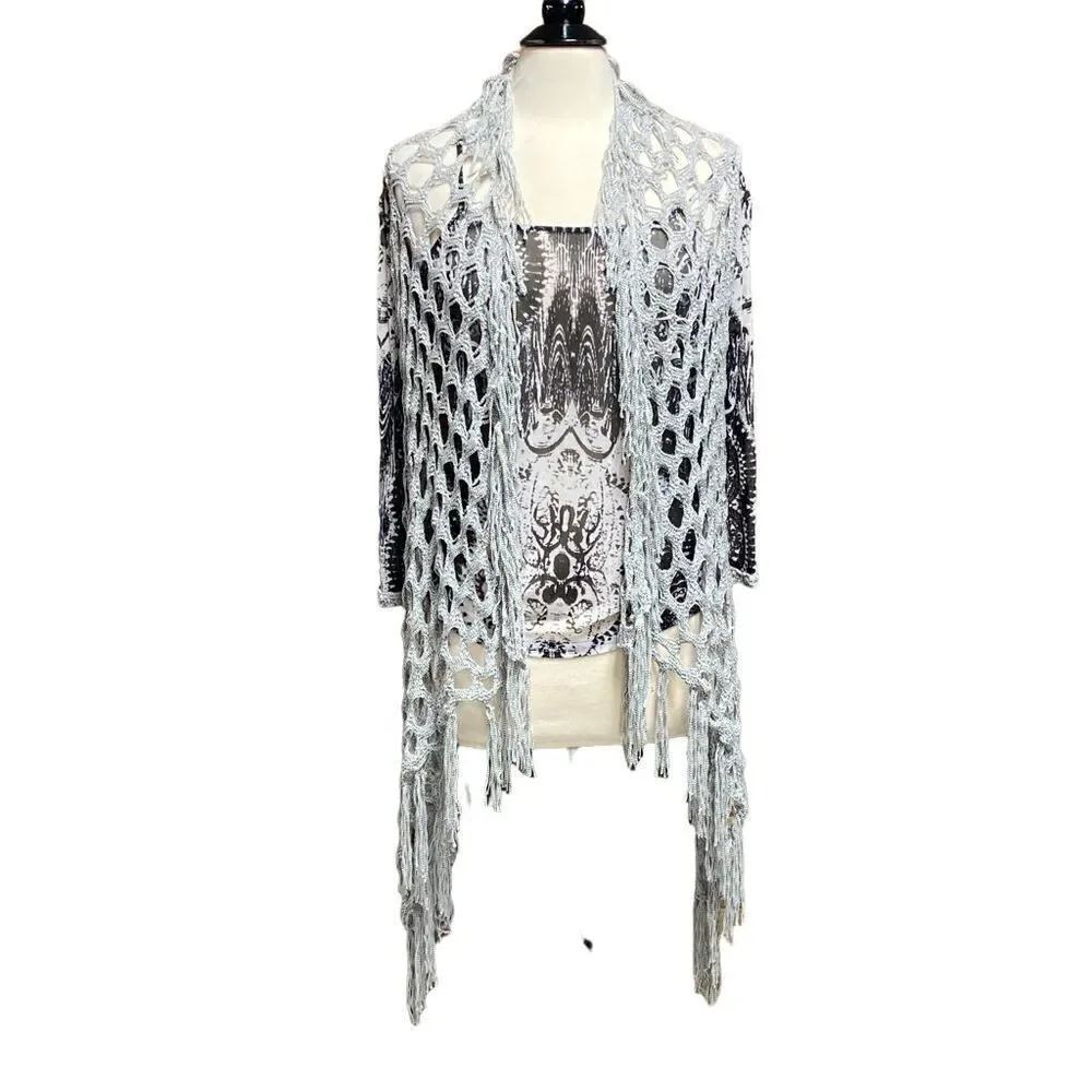 Alberto Makali Black & White Cami & Fringe Cardigan Set Size Large NWT